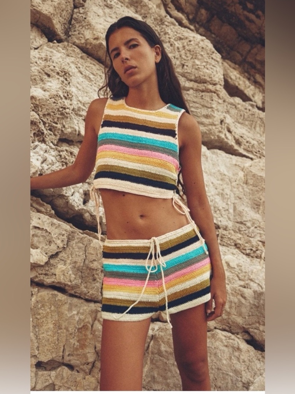 ZARA Striped Crochet Crop Top and Shorts Set - Multicolor